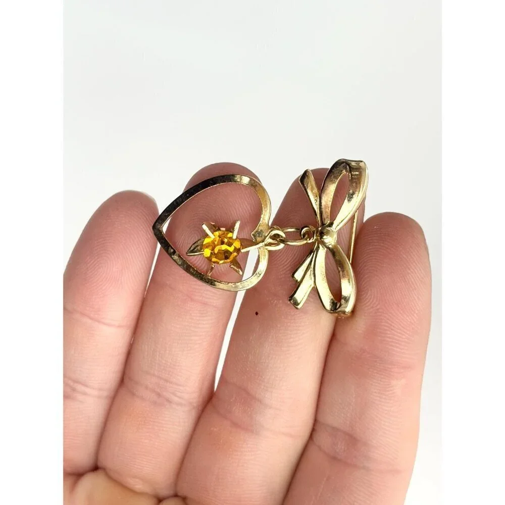 Gold Toned Matte Ribboned Bow Heart Shaped Orange Rhinestoned  Brooch